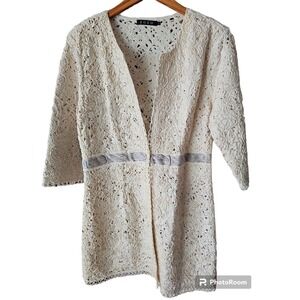 ZoZo Sweater‎ Women's Beige Embroidery Long V Neck Cardigan Size L VC01